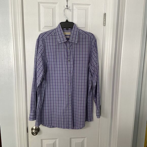 Michael Kors Men’s Dress Shirt – Purple Check Plaid – Regular Fit, Non-Iron, Siz - Picture 1 of 7